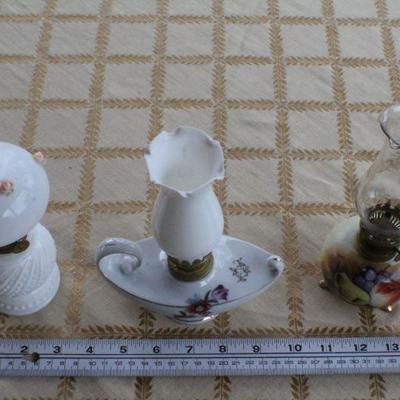 Lot #240: Group of Small Vintage Oil Glass Shade Decorative Lamps #2