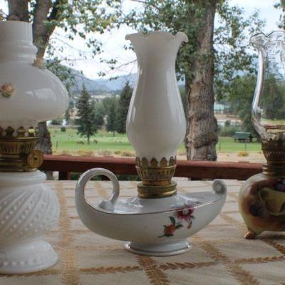 Lot #240: Group of Small Vintage Oil Glass Shade Decorative Lamps #2