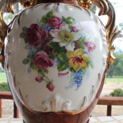 Lot #245: Antique/Vintage SIGNED Hand Painted Floral Theme Table Lamp 24" Tall  