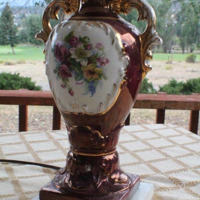 Lot #245: Antique/Vintage SIGNED Hand Painted Floral Theme Table Lamp 24" Tall  