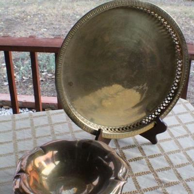 Lot #249: Pair of (2) Vintage Large Brass Decorative Creations (1 Tray and 1 Bowl) Original Patina