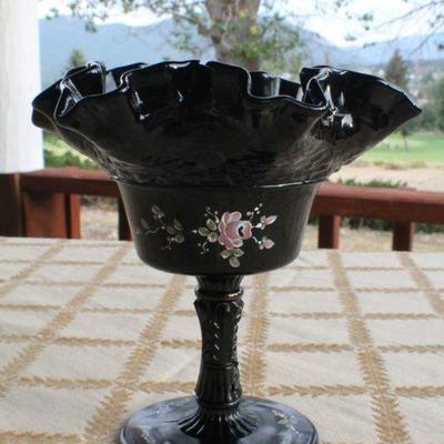Lot #250: Antique/Vintage FENTONâ„¢ Dark Glass Hand Painted SIGNED Decorative Dish