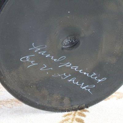 Lot #250: Antique/Vintage FENTONâ„¢ Dark Glass Hand Painted SIGNED Decorative Dish