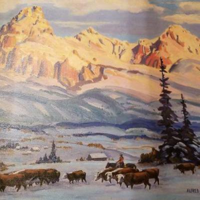 Lot #262: Large Vintage Oil Painting by ALFRED WANDS Cattle Drive Scene