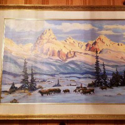 Lot #262: Large Vintage Oil Painting by ALFRED WANDS Cattle Drive Scene