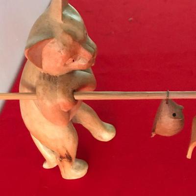 Wooden Cat And Mouse Folk Art Figure