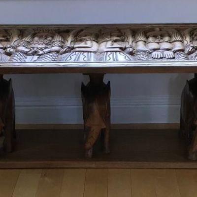 Nigerian Coffee Table With Three Wooden Elephants At Base Circa 1970's