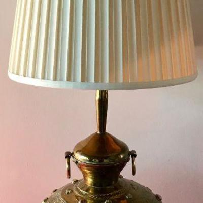 Brass Lamp From Singapore With Inlaid Stones And Buddha Figures