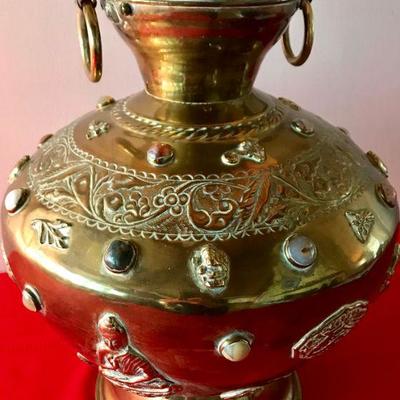 Brass Lamp From Singapore With Inlaid Stones And Buddha Figures