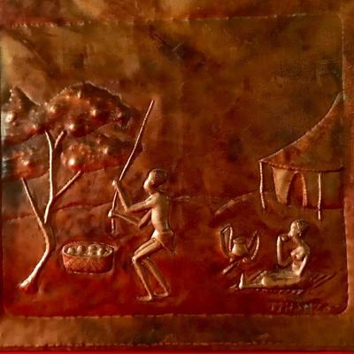 African (Congo) Copper Sculpted Art Gathering Fruit