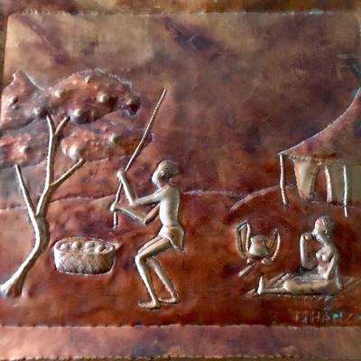 African (Congo) Copper Sculpted Art Gathering Fruit