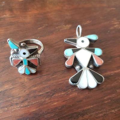 LOT 298: Native American Inlay Stone & Sterling Pendant and Ring Set
