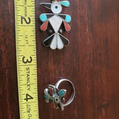 LOT 298: Native American Inlay Stone & Sterling Pendant and Ring Set