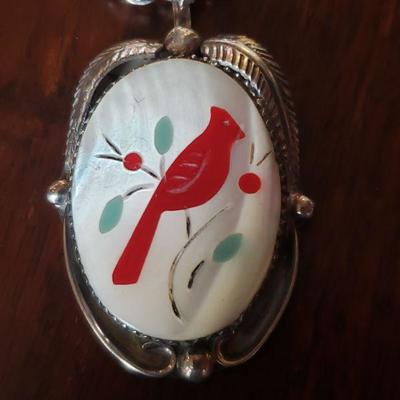 Lot 300: Navajo Red Bird Inlay Pendant and Rope Chain Signed C. Tsosie