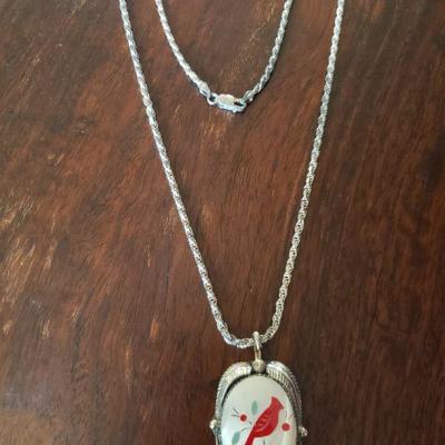 Lot 300: Navajo Red Bird Inlay Pendant and Rope Chain Signed C. Tsosie