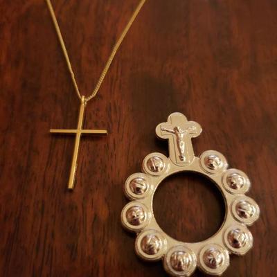 Lot 303: Vintage Gold Fill Cross Necklace,  Virginia Mary Brooch and Pendant Lot