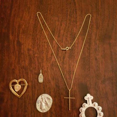 Lot 303: Vintage Gold Fill Cross Necklace,  Virginia Mary Brooch and Pendant Lot