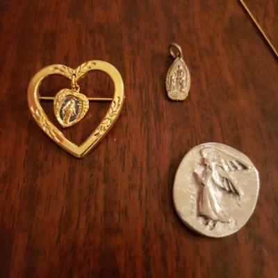 Lot 303: Vintage Gold Fill Cross Necklace,  Virginia Mary Brooch and Pendant Lot