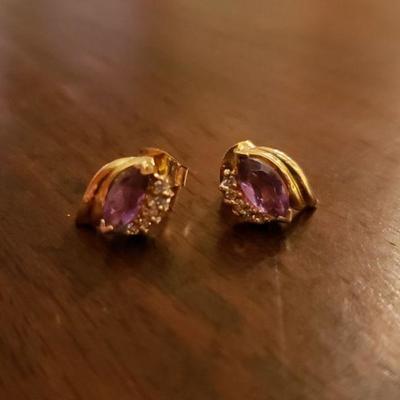 Lot 304: 14k Yellow Gold & Amethyst & Diamond Earrings 