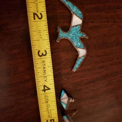 Lot 305: Vintage Native American Inlay Bird Pendant and Earrings 