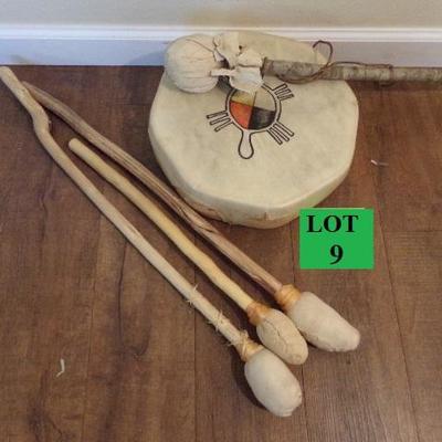 LOT 9  NATIVE AMERICAN PAINTED LEATHER HAND DRUM WITH MALLETS