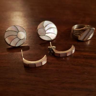 Lot 313: Vintage Abalone Shell Sterling Earrings and Ring Lot