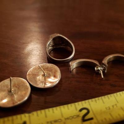 Lot 313: Vintage Abalone Shell Sterling Earrings and Ring Lot