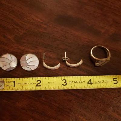 Lot 313: Vintage Abalone Shell Sterling Earrings and Ring Lot