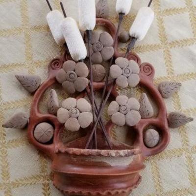 Lot #358: Home Deco Hanging Basket w/ Artificial Cattails 
