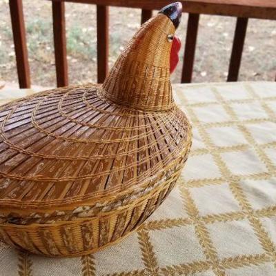 Lot #362: Vintage People's Republic of China Decorative Wicker Woven Rooster Basket w/ Lid