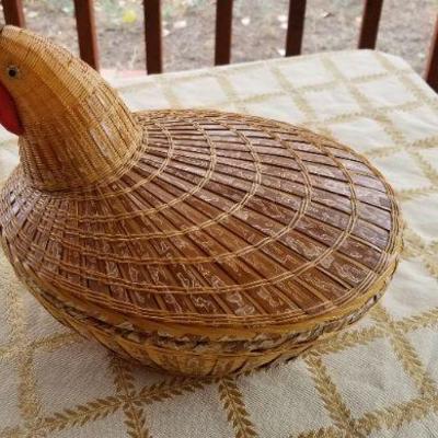 Lot #362: Vintage People's Republic of China Decorative Wicker Woven Rooster Basket w/ Lid