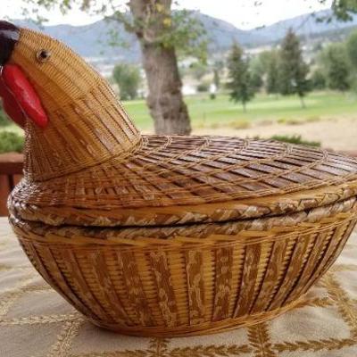 Lot #362: Vintage People's Republic of China Decorative Wicker Woven Rooster Basket w/ Lid