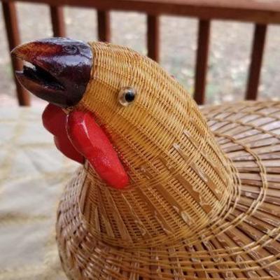 Lot #362: Vintage People's Republic of China Decorative Wicker Woven Rooster Basket w/ Lid