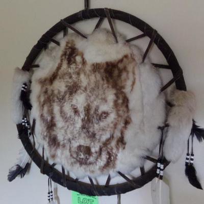 LOT 31  PAINTED WOLF ON FUR WALL HANGING