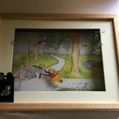 Lot #173 Winnie The Pooh Signed 3D Glass Art and Eeyore Pin