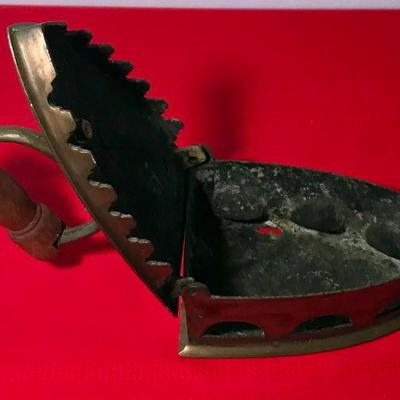 Vintage Coal Burning Brass Iron With Wooden Handle