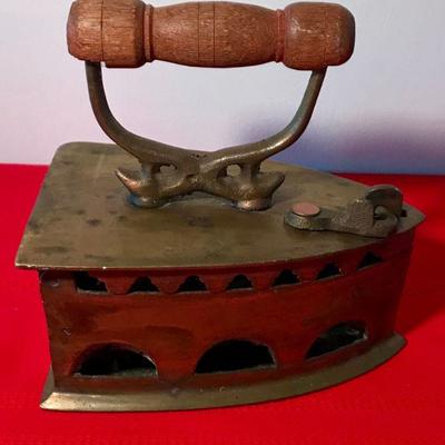 Vintage Coal Burning Brass Iron With Wooden Handle