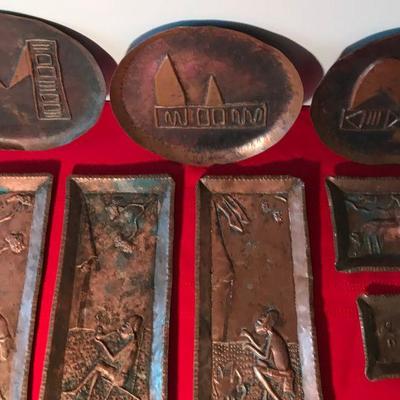 Lot Of Eight Vintage African Copper Trays, Plates And Ashtrays