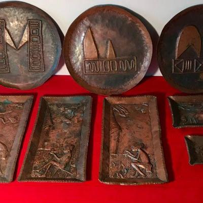Lot Of Eight Vintage African Copper Trays, Plates And Ashtrays