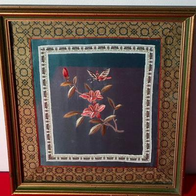 Small Framed Silk Art With Pink Flowers And Butterfly