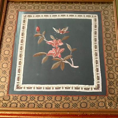 Small Framed Silk Art With Pink Flowers And Butterfly