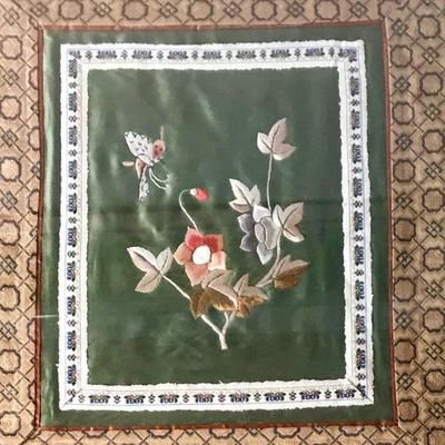 Large Framed Silk Art With Flowers And Butterfly