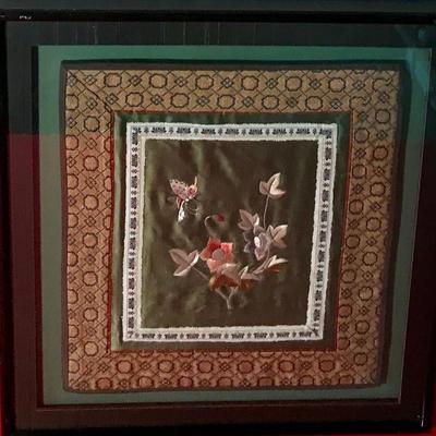 Large Framed Silk Art With Flowers And Butterfly