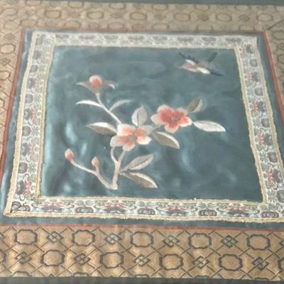 Large Framed Silk Art With Flowers And Bird