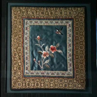Large Framed Silk Art With Flowers And Bird