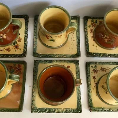 Six Ceramic Cups With Square Saucers