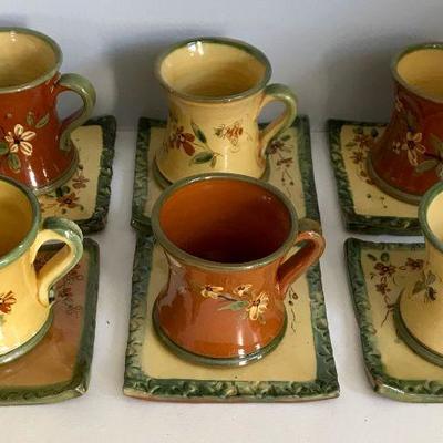 Six Ceramic Cups With Square Saucers