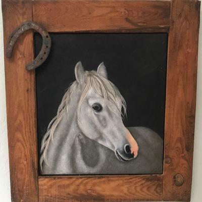 Original Framed Painting Of Horse With Horseshoe On Frame By Sylviane Giacoletto