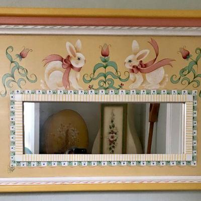 Hand Painted Tole Style Mirror With Rabbit Motif By Sylviane Giacoletto