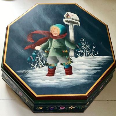 Hand Painted Tole Style Wooden Box Child In The Snow By Sylviane Giacoletto
